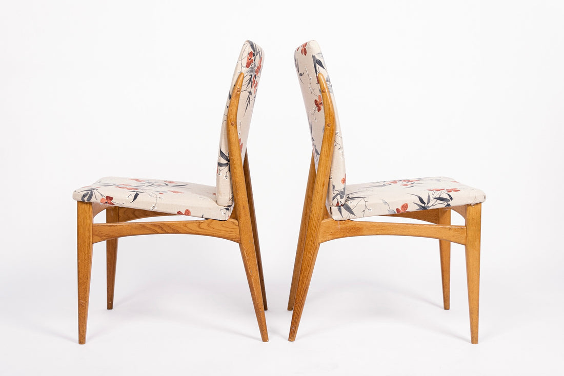 Vintage Mid Century Wood & Floral Fabric Side Chairs, 1950s