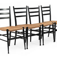 Vintage Mid Century Black Wood and Rush Wicker Dining Chairs
