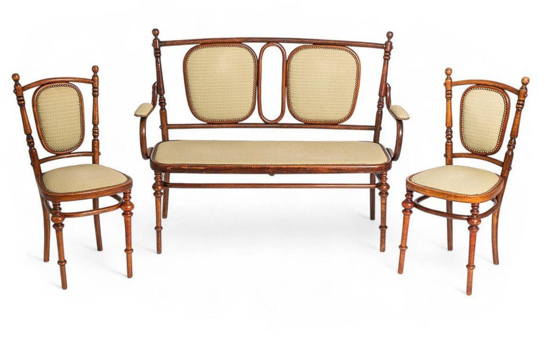 Antique Art Nouveau Bentwood Loveseat Bench and Side Chairs Salon Suite, 1900s