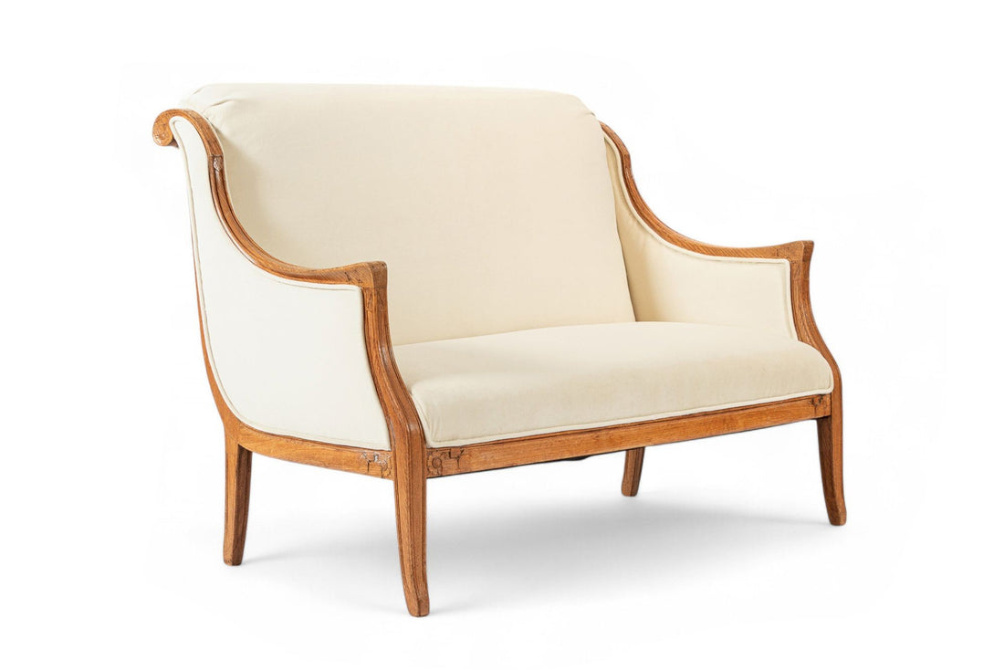 1940s Antique French Art Deco Two-Seat Loveseat Sofa Cream Upholstery