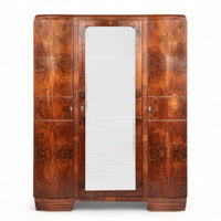 Antique Art Deco Burl Wood Mirrored Armoire Cabinet, 1930s