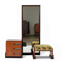 Antique Art Deco Wood Vanity Mirror & Stool by Donald Deskey for Widdicomb 1930s