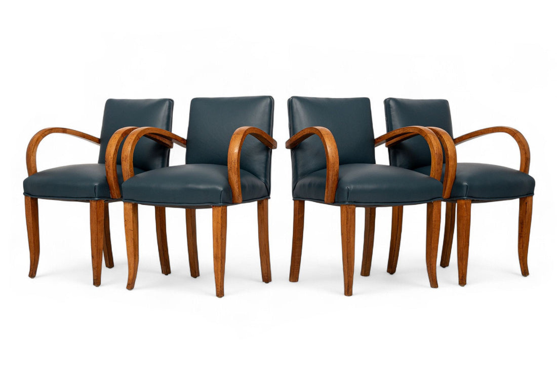 Antique Art Deco Maple Bentwood and Blue Leather Dining Chairs 1930s