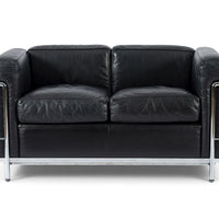 Authentic Cassina LC2 Black Leather Two-Seat Sofa by Le Corbusier 1994