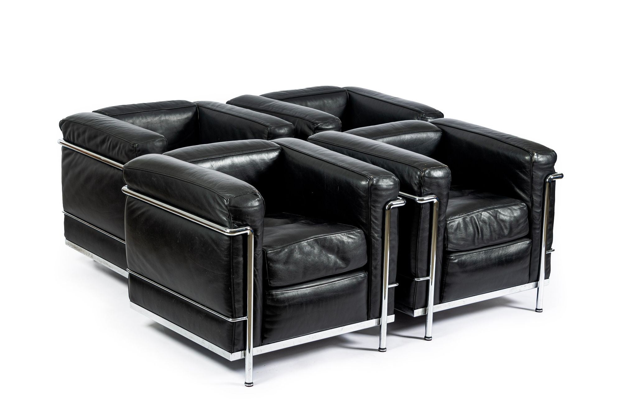 Four Cassina LC2 Black Leather Petit Lounge Chairs by Le Corbusier