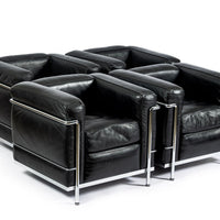 Set of Four Cassina LC2 Black Leather Petit Lounge Chairs by Le Corbusier