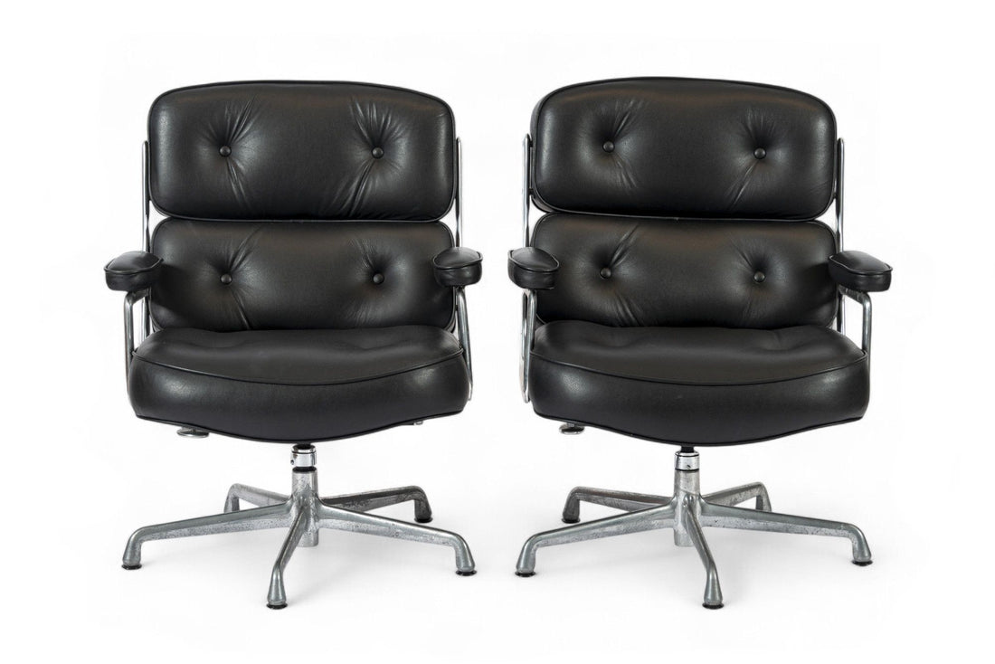 Pair Eames Herman Miller Time Life Black Leather Office Chairs