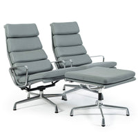 Pair Eames Soft Pad Recliners with Ottoman for Herman Miller, Gray Leather Aluminum Group