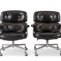 Pair Eames Herman Miller Time Life Black Leather Office Chairs 1980s
