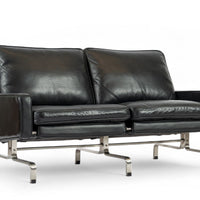 Vintage Postmodern Black Leather & Brushed Steel Loveseat Sofa, 1980s