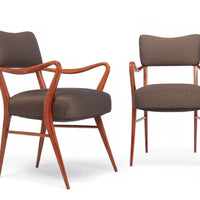 Pair of Mid Century Modern Wood & Brown Upholstered Arm Chairs, 1950s