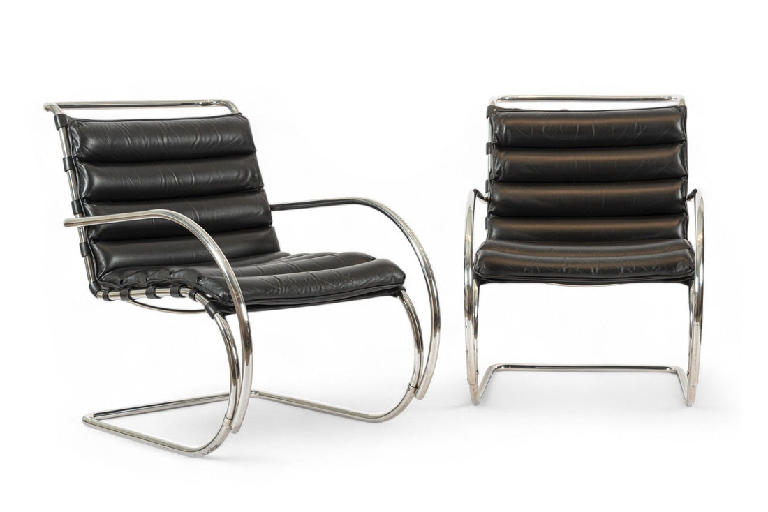 Mid Century MR Black Leather Arm Chairs by Mies van der Rohe for Knoll