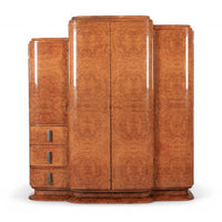 Antique Art Deco Elm Wood Mirrored Armoire Cabinet, 1940s