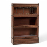 Antique Three Shelf Wood Barrister Bookcase Cabinet with Leaded Glass