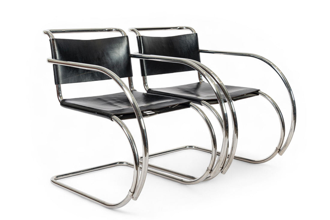 Bauhaus MR 20 Black Leather Arm Chairs by Mies van der Rohe for Knoll, 1979