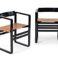 Mid Century Modern Black Lacquer and Brown Leather Arm Chairs 1970s