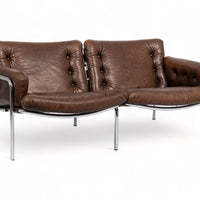 Vintage Mid Century Brown Leather Loveseat Sofa 1970s