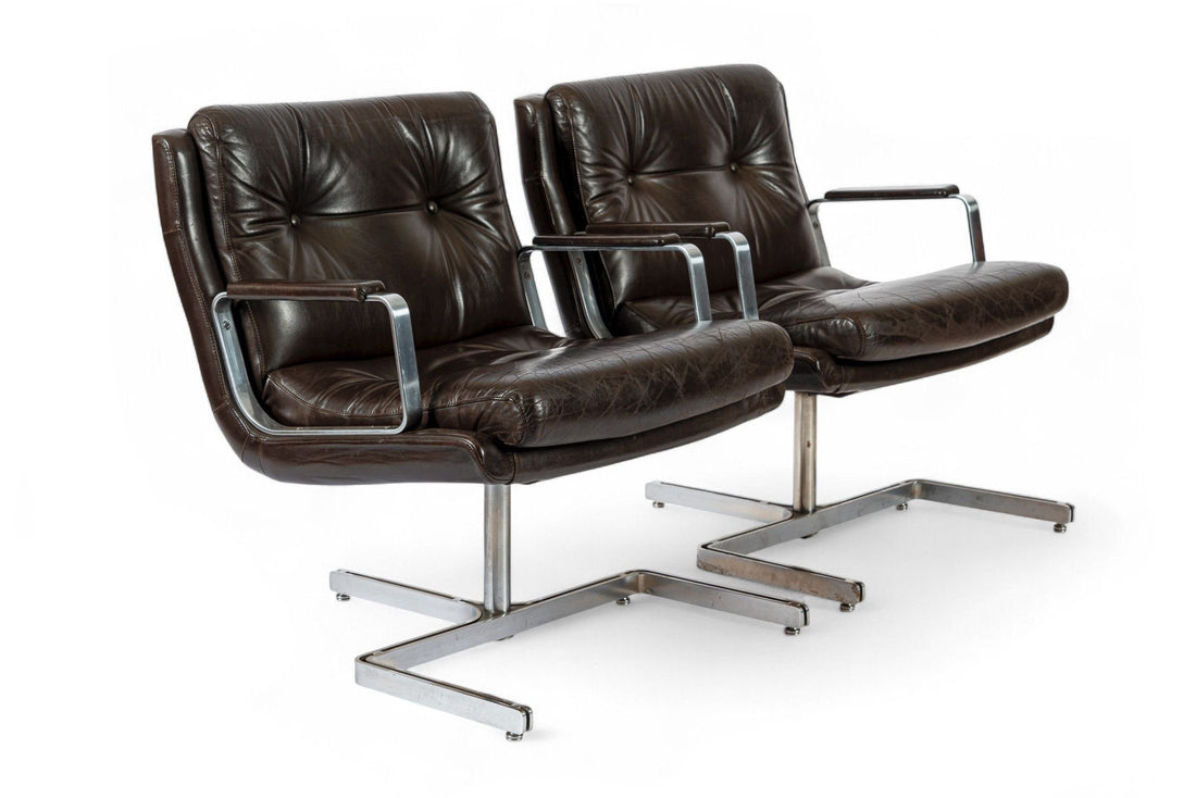 Mid Century French Brown Leather Lounge Chairs by Raphael Raffel 1970s