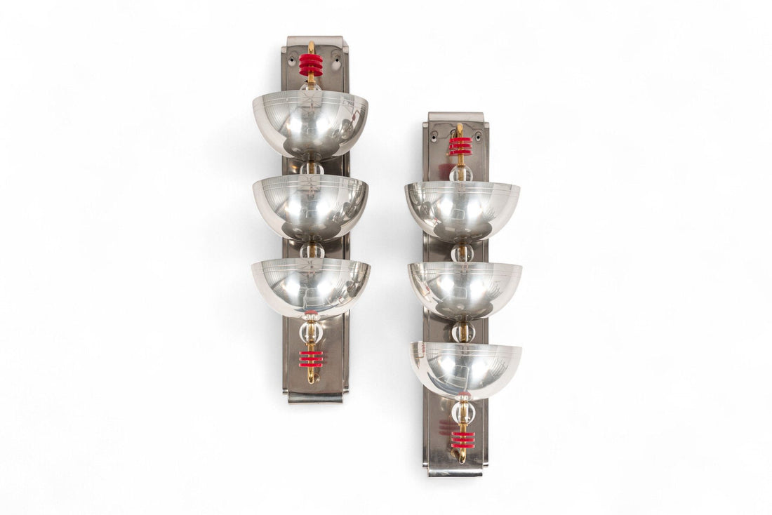 Antique Art Deco Large Silver Metal Wall Sconce Lamps, 34”