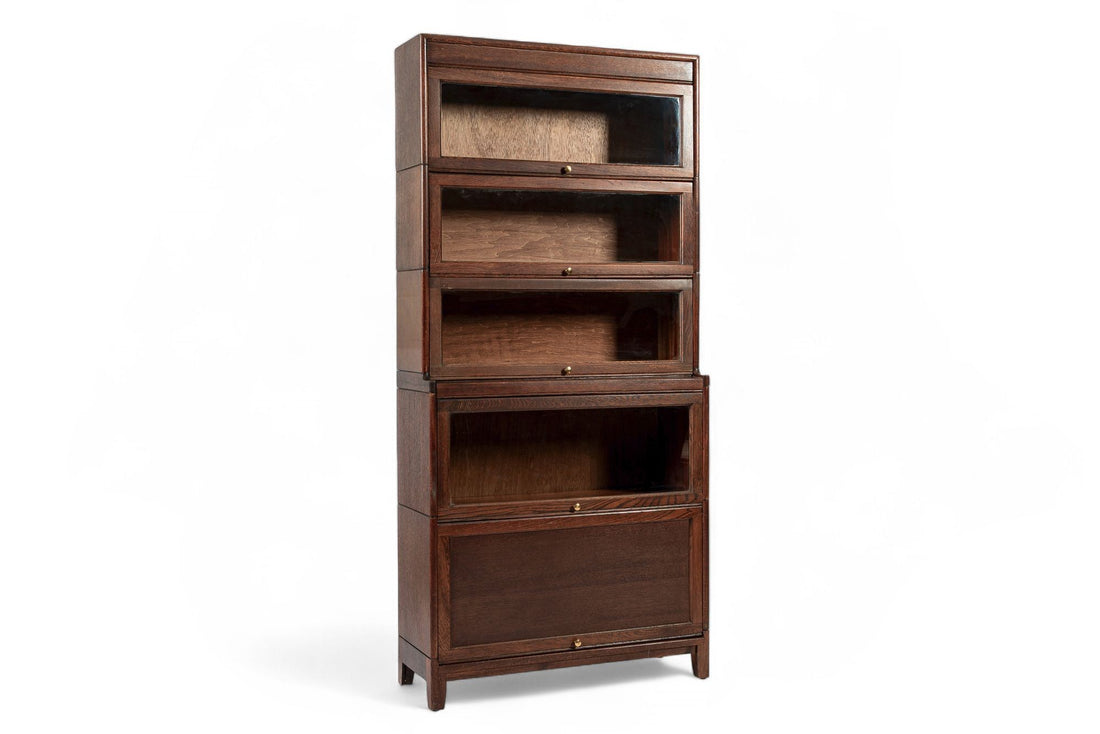 Antique English Tall Stepback Oak Wood Barrister Bookcase Cabinet