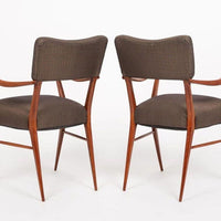 Pair of Mid Century Modern Wood & Brown Upholstered Arm Chairs, 1950s
