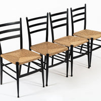 Vintage Mid Century Black Wood and Rush Wicker Dining Chairs