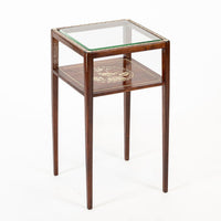 Antique French Art Nouveau Small Handpainted Mahogany Wood & Glass Side Table
