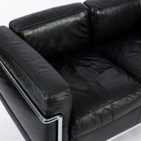 Authentic Cassina LC2 Black Leather Two-Seat Sofa by Le Corbusier 1994