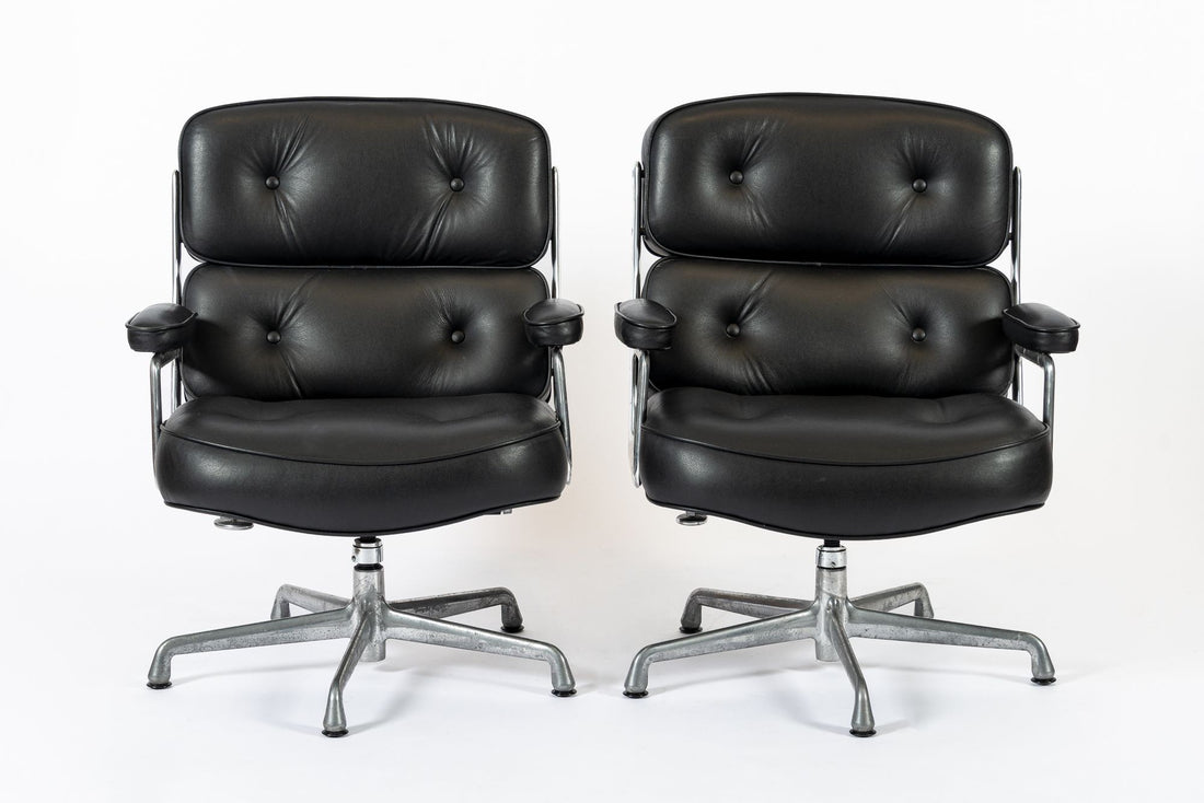 Pair Eames Herman Miller Time Life Black Leather Office Chairs