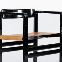 Mid Century Modern Black Lacquer and Brown Leather Arm Chairs 1970s