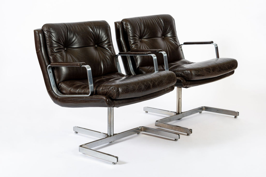 Mid Century French Brown Leather Lounge Chairs by Raphael Raffel 1970s