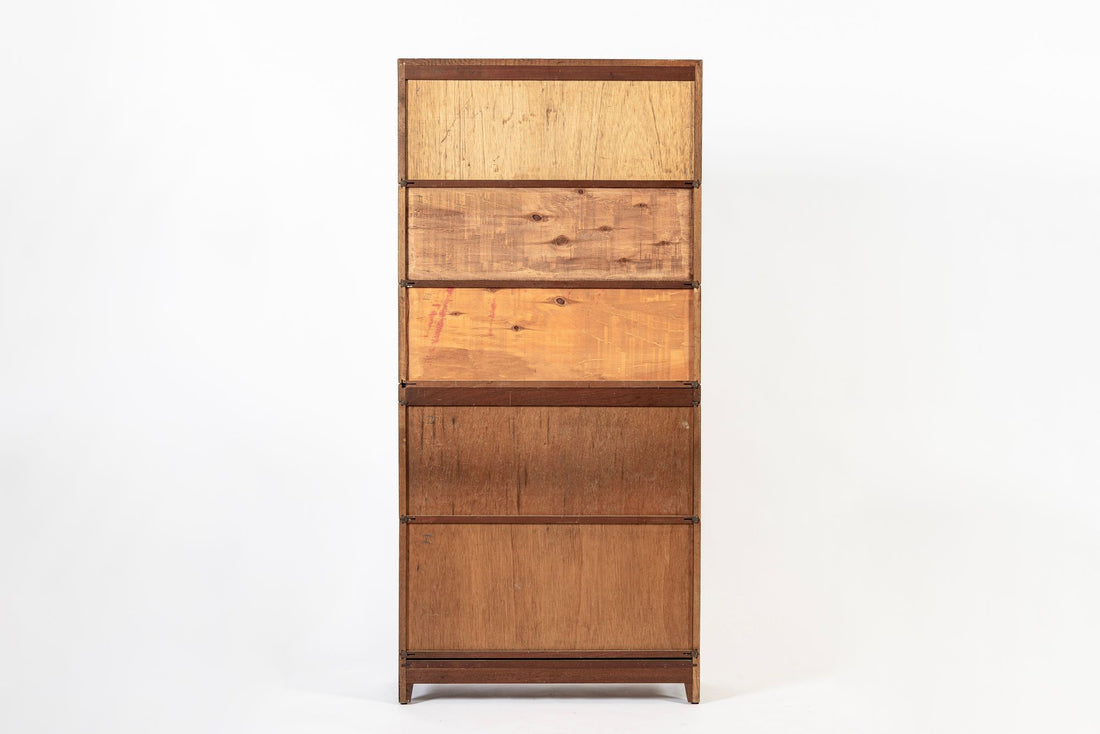 Antique English Tall Stepback Oak Wood Barrister Bookcase Cabinet