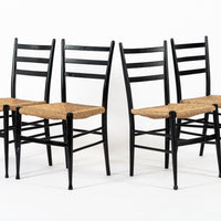 Vintage Mid Century Black Wood and Rush Wicker Dining Chairs