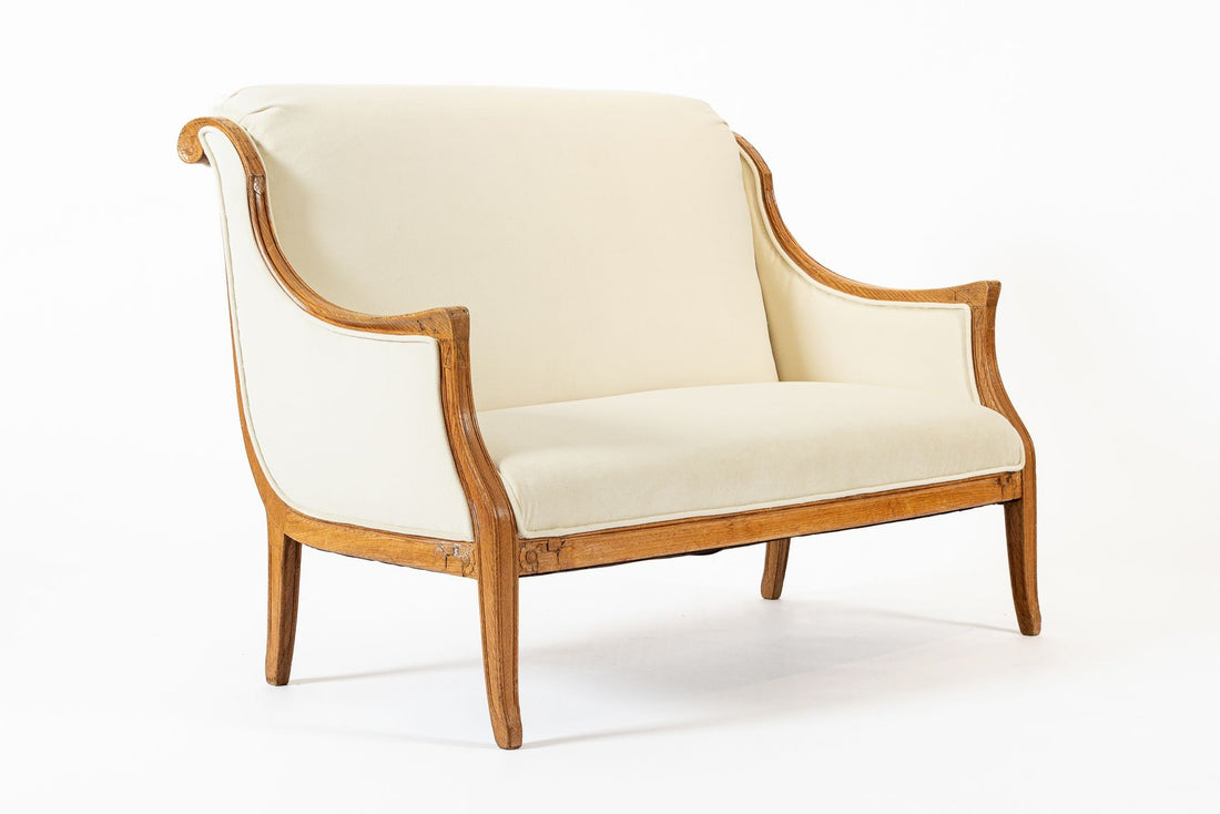 1940s Antique French Art Deco Two-Seat Loveseat Sofa Cream Upholstery