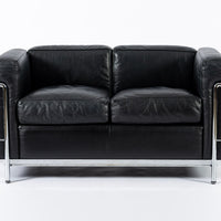 Authentic Cassina LC2 Black Leather Two-Seat Sofa by Le Corbusier 1994