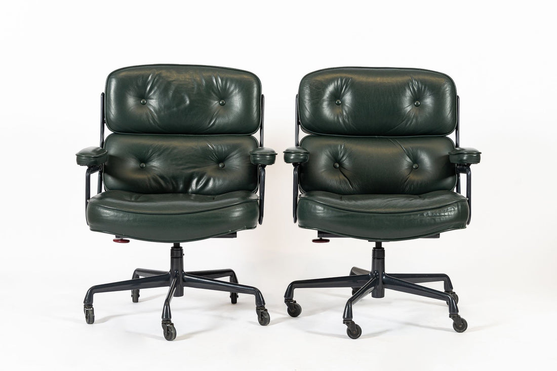 Pair Green Leather Time Life Office Chairs by Eames for Herman Miller 1996