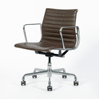 Set of 4 Eames Thin Pad Office Chairs for Herman Miller, Brown Leather Aluminum Group
