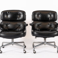 Pair Eames Herman Miller Time Life Black Leather Office Chairs 1980s
