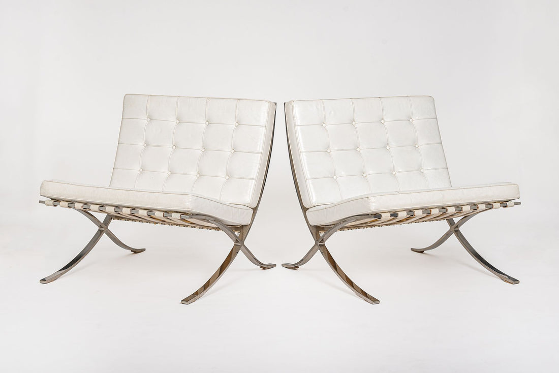 Mid Century White Barcelona Chairs by Mies van der Rohe for Knoll