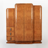 Antique Art Deco Elm Wood Mirrored Armoire Cabinet, 1940s