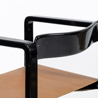 Mid Century Modern Black Lacquer and Brown Leather Arm Chairs 1970s