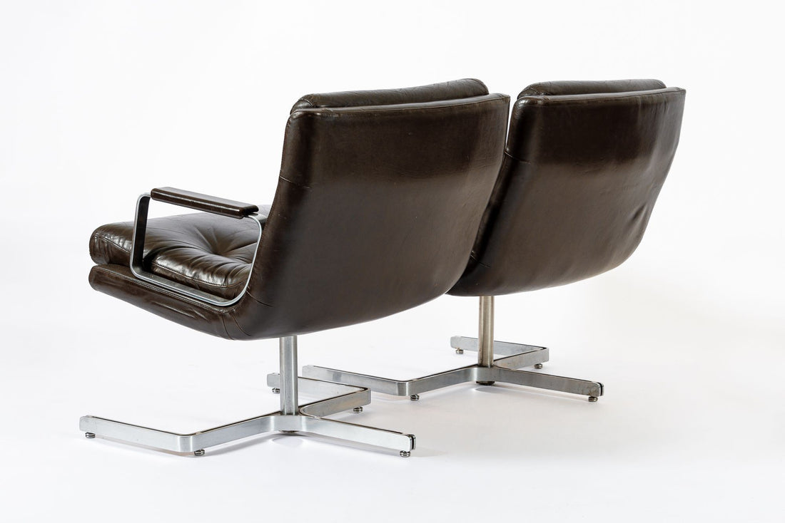 Mid Century French Brown Leather Lounge Chairs by Raphael Raffel 1970s