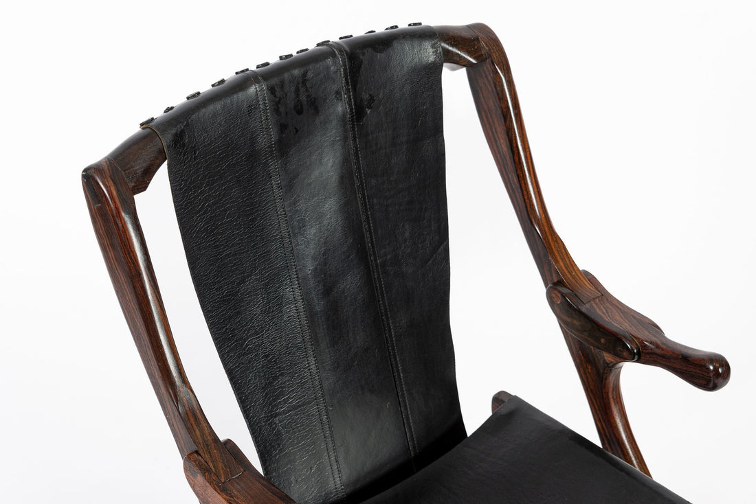 Mid Century Rosewood & Black Leather Folding Lounge Chair by Don Shoemaker
