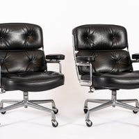 Pair Eames Herman Miller Time Life Black Leather Office Chairs 1980s