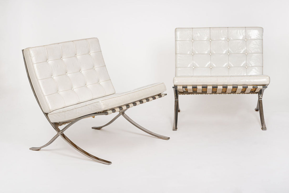 Mid Century White Barcelona Chairs by Mies van der Rohe for Knoll