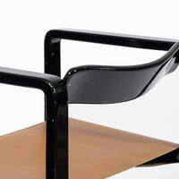 Mid Century Modern Black Lacquer and Brown Leather Arm Chairs 1970s