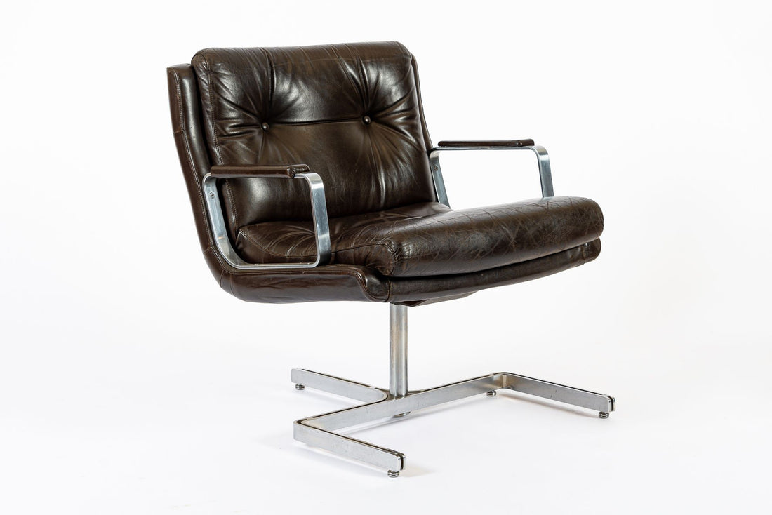 Mid Century French Brown Leather Lounge Chairs by Raphael Raffel 1970s