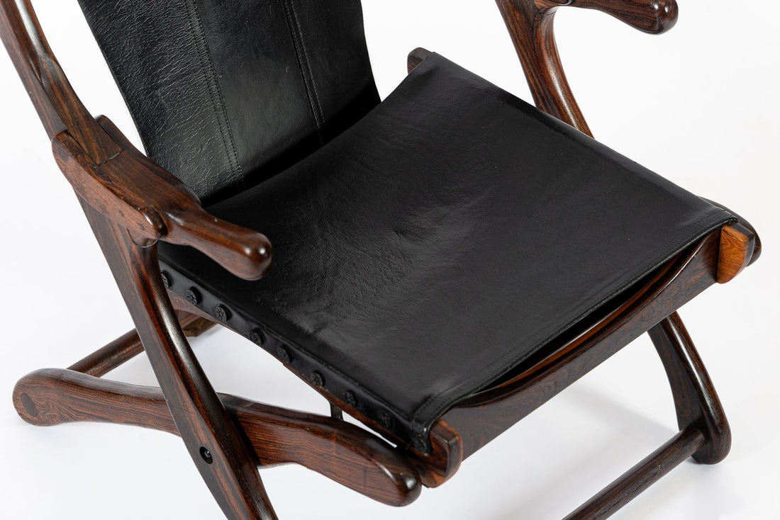 Mid Century Rosewood & Black Leather Folding Lounge Chair by Don Shoemaker