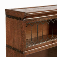 Antique Three Shelf Wood Barrister Bookcase Cabinet with Leaded Glass