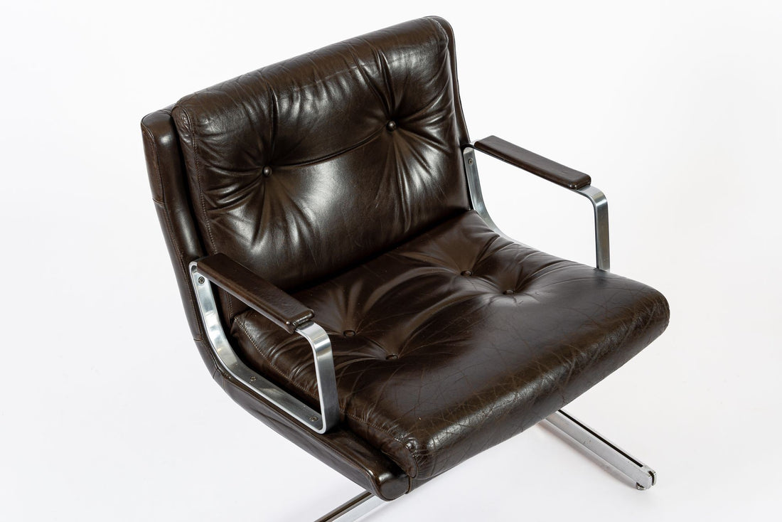 Mid Century French Brown Leather Lounge Chairs by Raphael Raffel 1970s